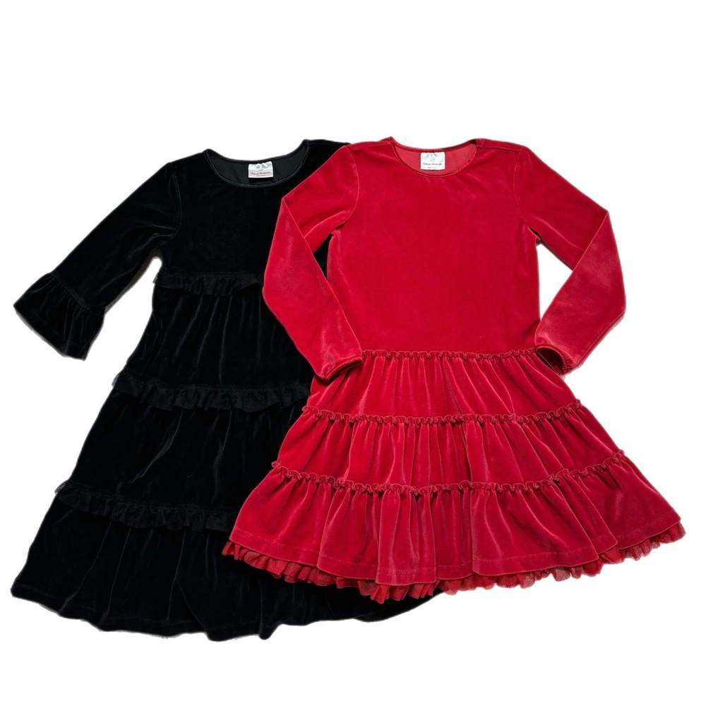 Hanna Andersson Red Black Velvet Ruffle Tiered Dress Set of 2 130 8